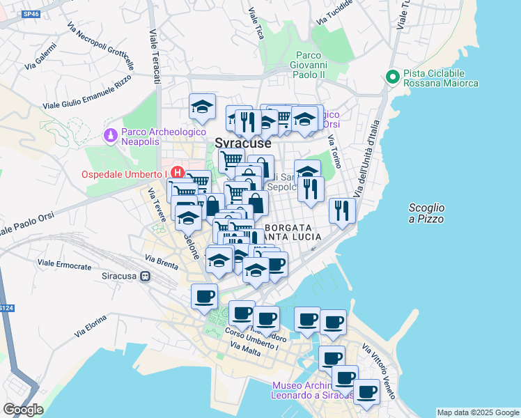 map of restaurants, bars, coffee shops, grocery stores, and more near 49 Via Ragusa in Syracuse