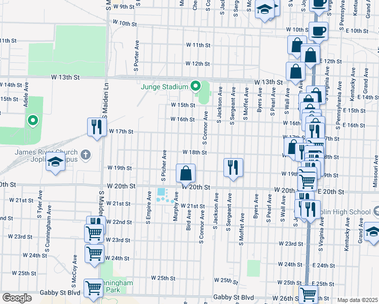 map of restaurants, bars, coffee shops, grocery stores, and more near 1011 West 18th Street in Joplin