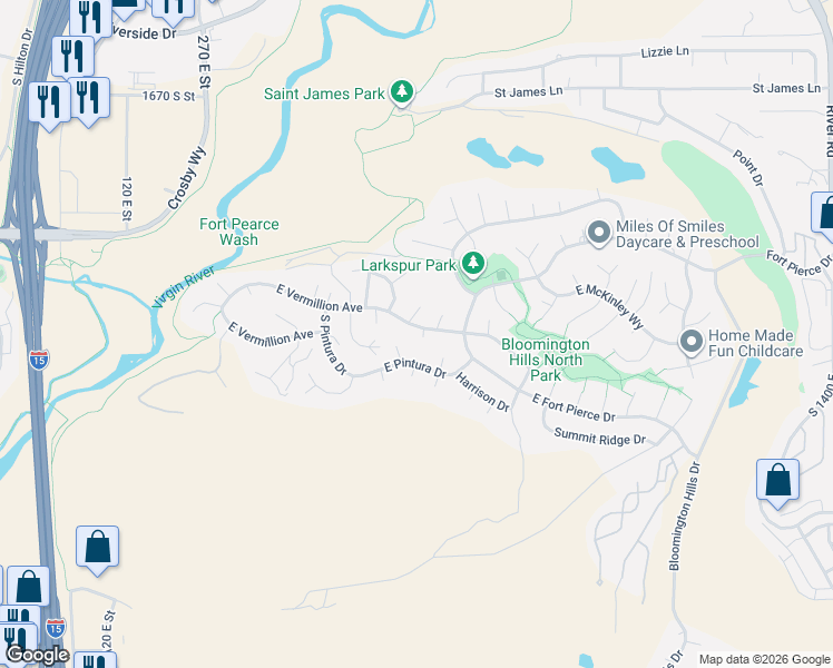 map of restaurants, bars, coffee shops, grocery stores, and more near 661 Vermillion Avenue in St. George