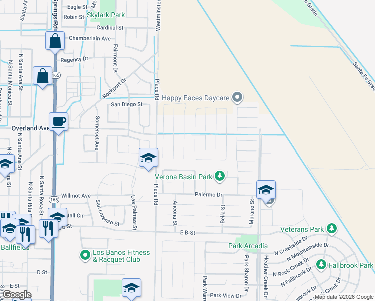 map of restaurants, bars, coffee shops, grocery stores, and more near 396 Broadstone Court in Los Banos