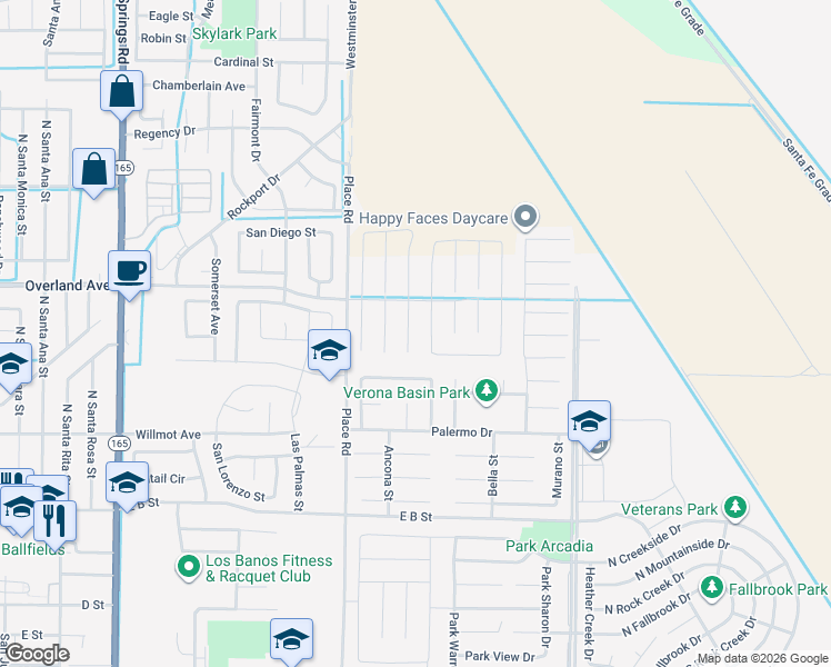 map of restaurants, bars, coffee shops, grocery stores, and more near 396 Broadstone Court in Los Banos