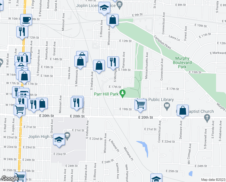 map of restaurants, bars, coffee shops, grocery stores, and more near 1712 South Michigan Avenue in Joplin