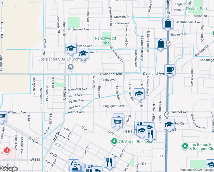 map of restaurants, bars, coffee shops, grocery stores, and more near 317 Rosalie Court in Los Banos