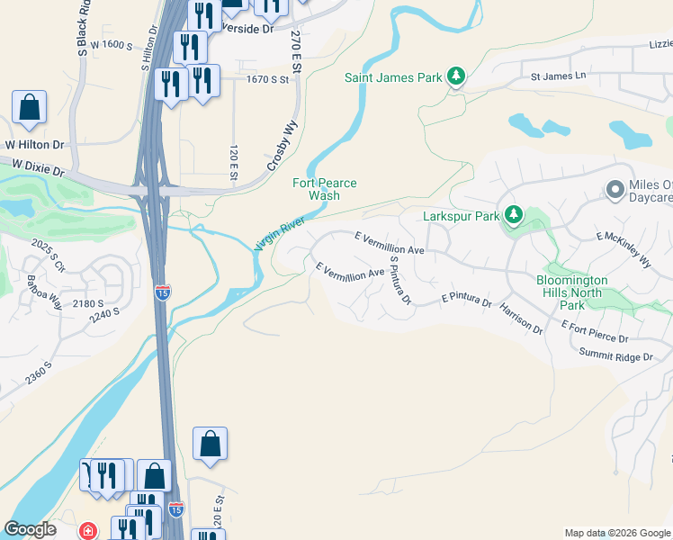 map of restaurants, bars, coffee shops, grocery stores, and more near 2210 San Carlos Court in St. George