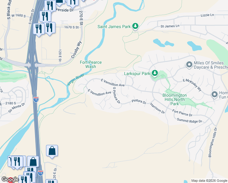 map of restaurants, bars, coffee shops, grocery stores, and more near 2277 South Pintura Drive in St. George