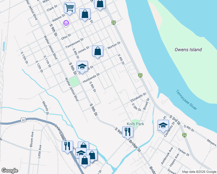 map of restaurants, bars, coffee shops, grocery stores, and more near Rogers Street in Paducah
