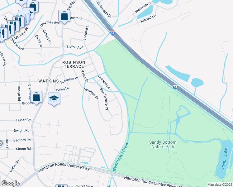 map of restaurants, bars, coffee shops, grocery stores, and more near 610 Leonard Lane in Newport News