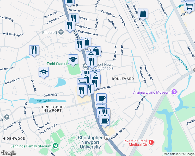 map of restaurants, bars, coffee shops, grocery stores, and more near 12460 Warwick Boulevard in Newport News