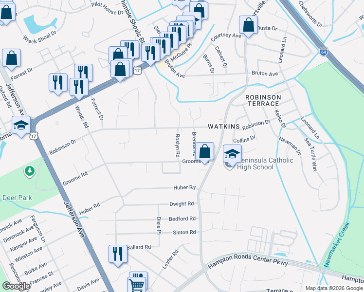map of restaurants, bars, coffee shops, grocery stores, and more near 606 Roslyn Road in Newport News