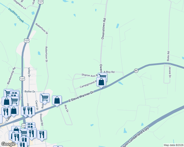 map of restaurants, bars, coffee shops, grocery stores, and more near Sharon Ann Road in Russell Springs