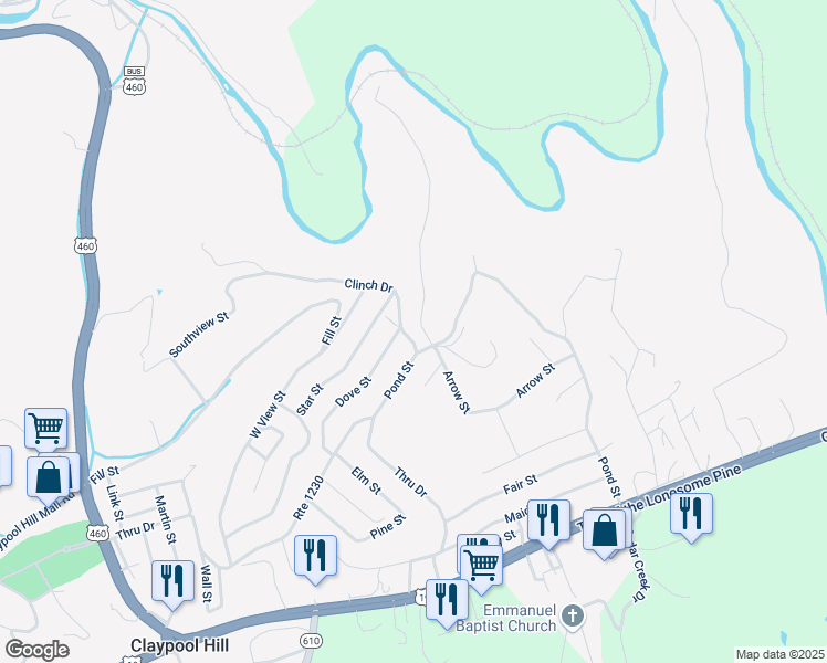 map of restaurants, bars, coffee shops, grocery stores, and more near 130 Clinch Drive in Pounding Mill