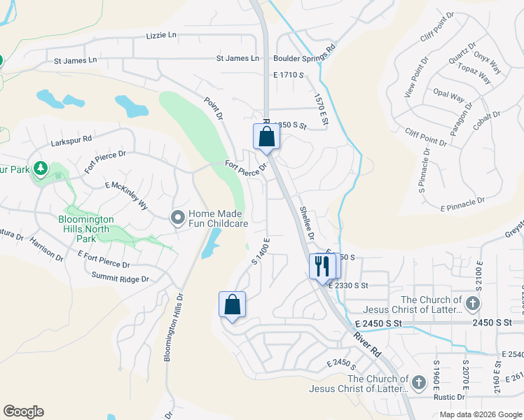 map of restaurants, bars, coffee shops, grocery stores, and more near 21 South 1400 East in St. George