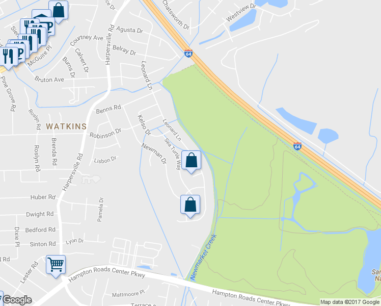 map of restaurants, bars, coffee shops, grocery stores, and more near 610 Leonard Lane in Newport News