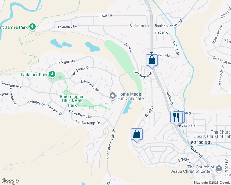 map of restaurants, bars, coffee shops, grocery stores, and more near 1174 Hubbard Place in St. George