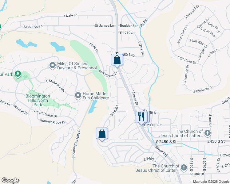 map of restaurants, bars, coffee shops, grocery stores, and more near 2050 South 1400 East in St. George