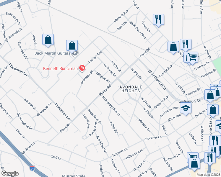 map of restaurants, bars, coffee shops, grocery stores, and more near 3901-3999 Pines Rd in Paducah