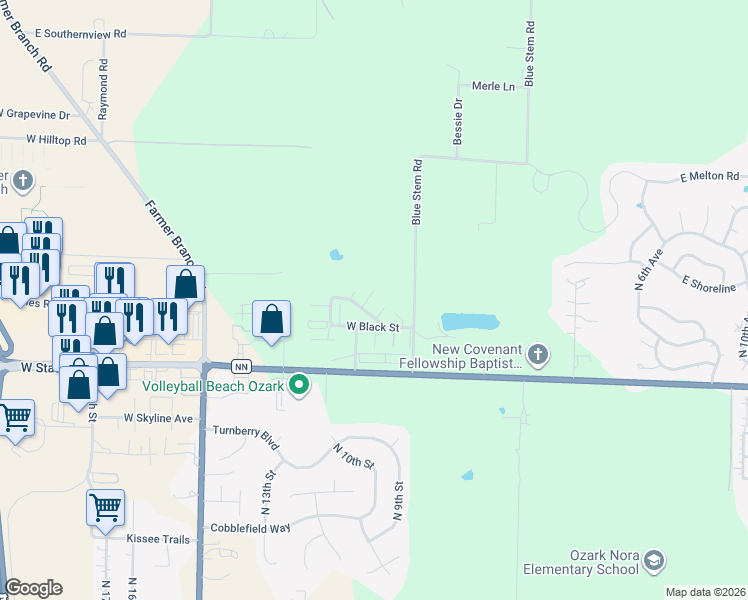 map of restaurants, bars, coffee shops, grocery stores, and more near 5700-5796 North Orange Lane in Ozark