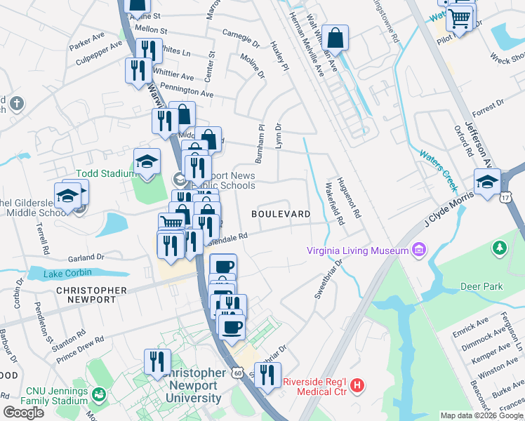 map of restaurants, bars, coffee shops, grocery stores, and more near 8 Carolyn Drive in Newport News