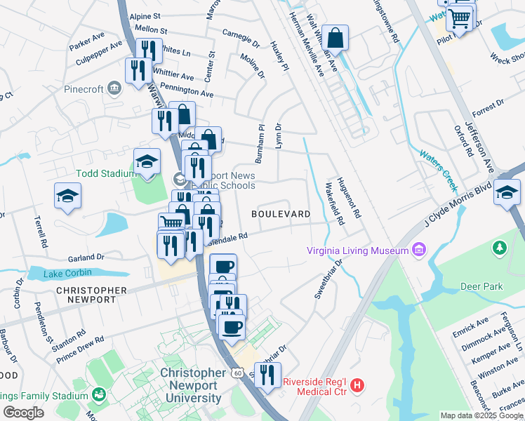 map of restaurants, bars, coffee shops, grocery stores, and more near 8 Carolyn Drive in Newport News