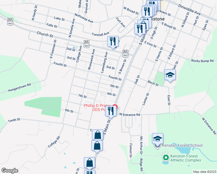 map of restaurants, bars, coffee shops, grocery stores, and more near 303 5th Street in Blackstone
