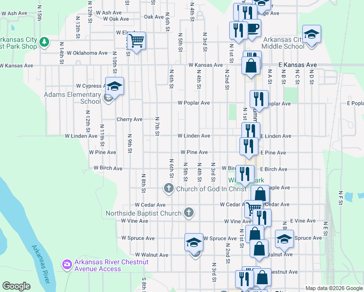 map of restaurants, bars, coffee shops, grocery stores, and more near 911 North 5th Street in Arkansas City