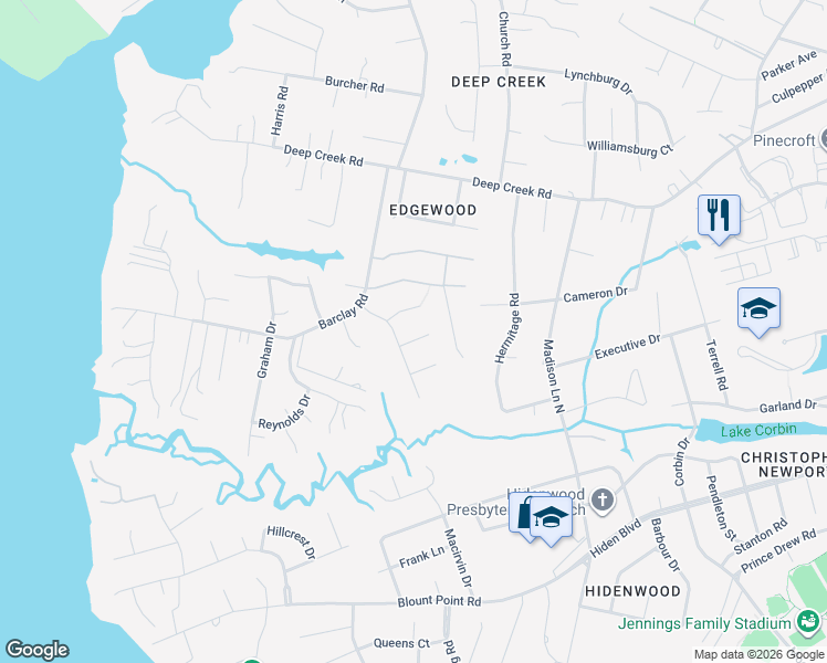 map of restaurants, bars, coffee shops, grocery stores, and more near 122 Willet Way in Newport News