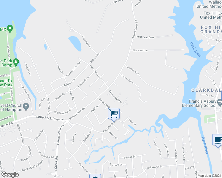 map of restaurants, bars, coffee shops, grocery stores, and more near 1 South Farm House Lane in Hampton