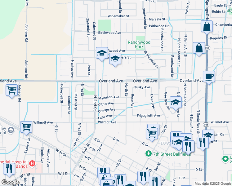 map of restaurants, bars, coffee shops, grocery stores, and more near 314 North 3rd Street in Los Banos