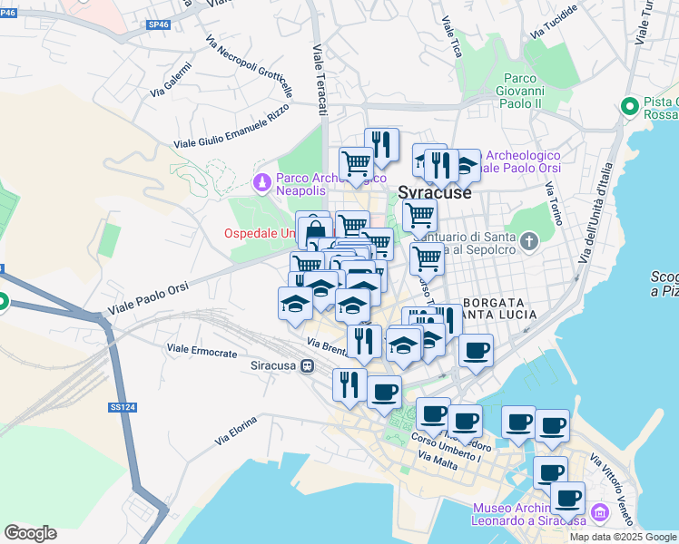 map of restaurants, bars, coffee shops, grocery stores, and more near 93 Corso Gelone in Siracusa