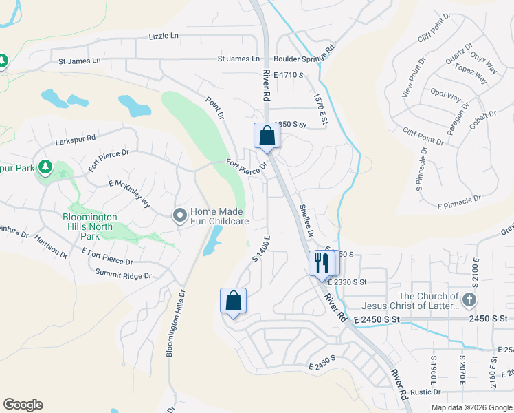 map of restaurants, bars, coffee shops, grocery stores, and more near 2050 South 1400 East in St. George