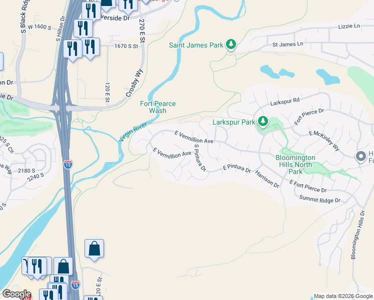 map of restaurants, bars, coffee shops, grocery stores, and more near 455 Vermillion Avenue in St. George