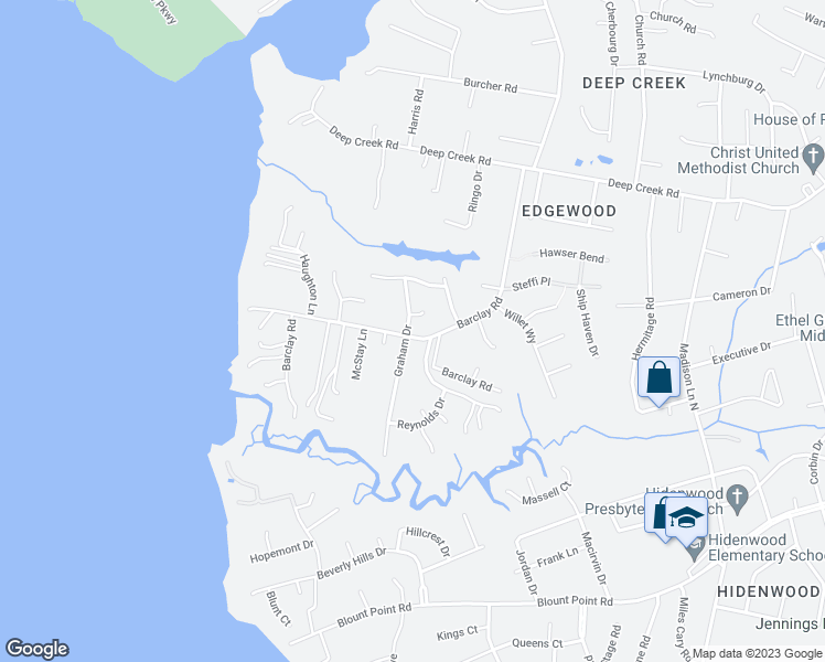 map of restaurants, bars, coffee shops, grocery stores, and more near 329 Barclay Road in Newport News