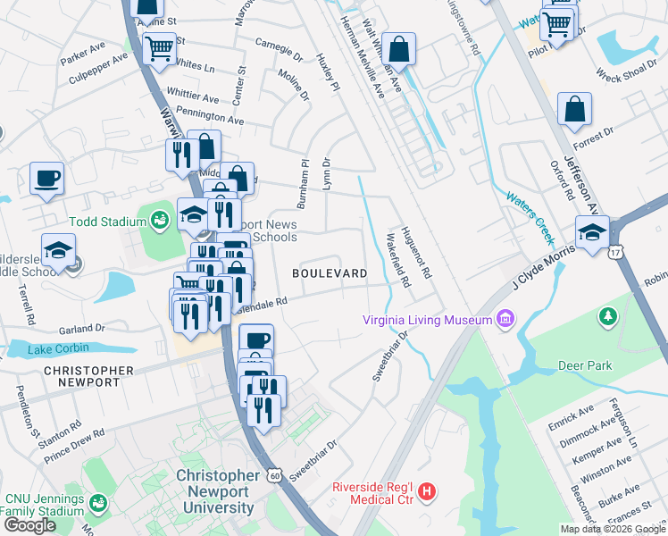 map of restaurants, bars, coffee shops, grocery stores, and more near 34 Carolyn Drive in Newport News