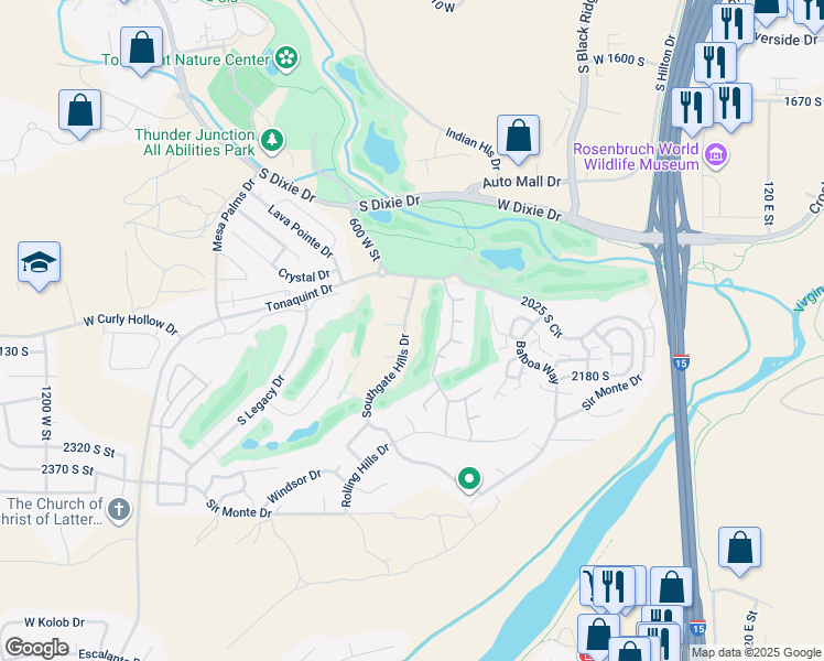 map of restaurants, bars, coffee shops, grocery stores, and more near 2091 Southgate Hills Dr in St George