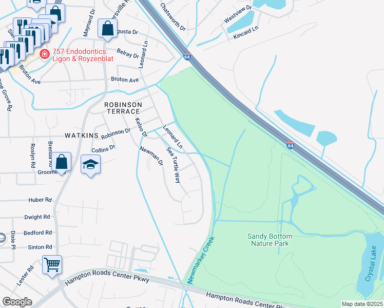 map of restaurants, bars, coffee shops, grocery stores, and more near 612 Leonard Lane in Newport News