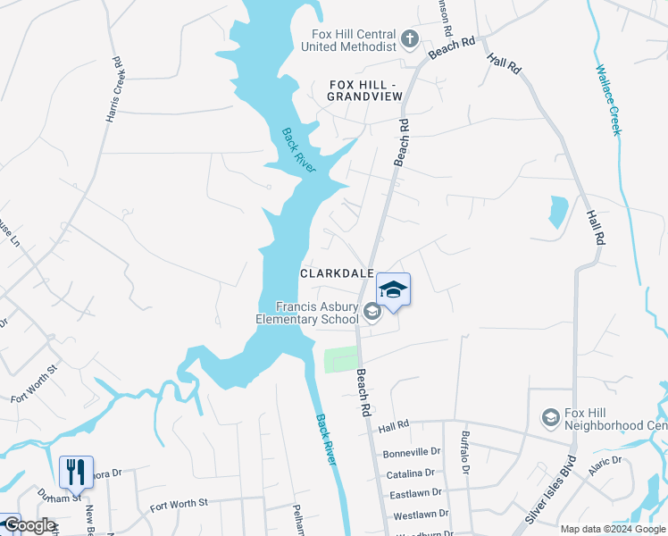 map of restaurants, bars, coffee shops, grocery stores, and more near 4 Clark Road in Hampton