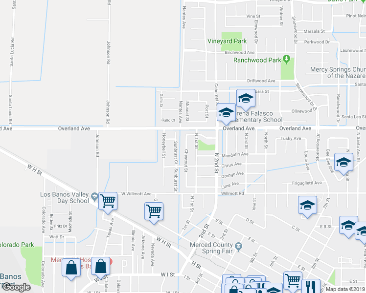 map of restaurants, bars, coffee shops, grocery stores, and more near 367 Chestnut Street in Los Banos