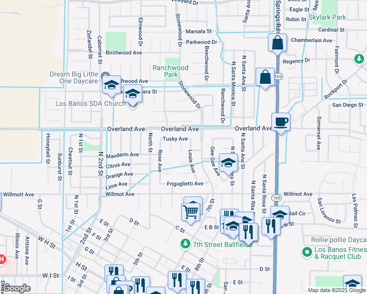 map of restaurants, bars, coffee shops, grocery stores, and more near 316 Jimmy Court in Los Banos