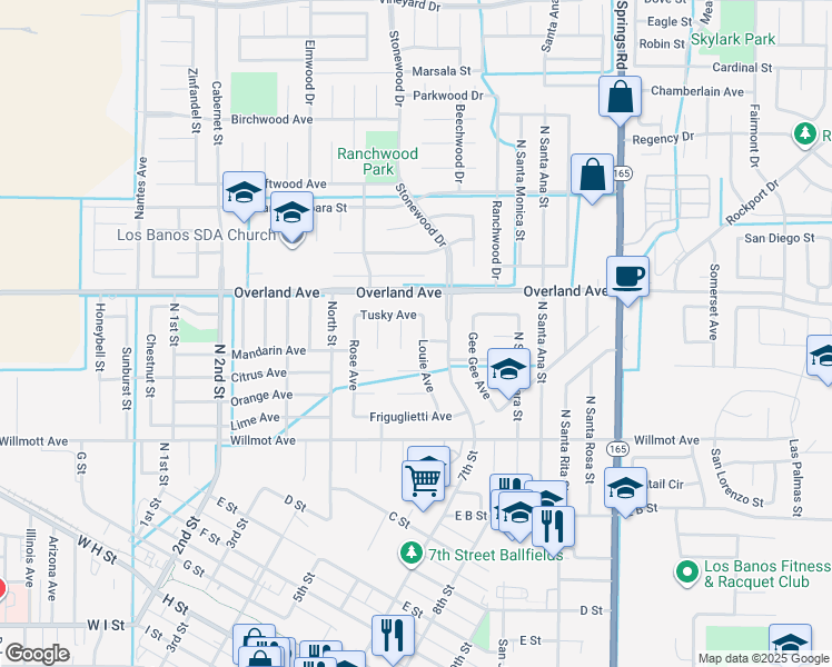 map of restaurants, bars, coffee shops, grocery stores, and more near 335 Louie Avenue in Los Banos