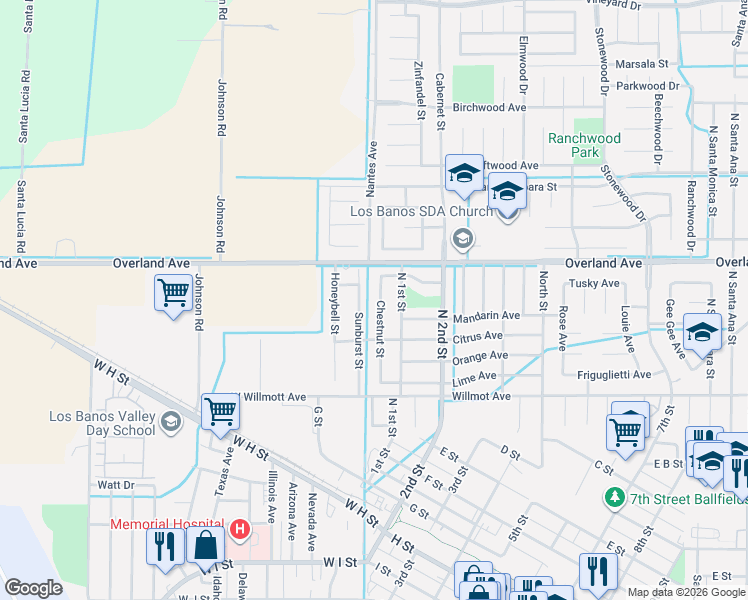 map of restaurants, bars, coffee shops, grocery stores, and more near 367 Chestnut Street in Los Banos