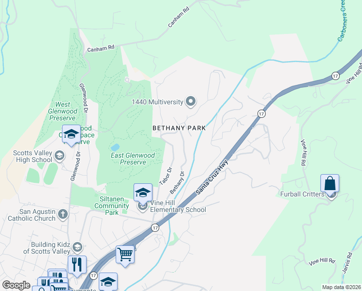 map of restaurants, bars, coffee shops, grocery stores, and more near 525 Bethany Drive in Scotts Valley