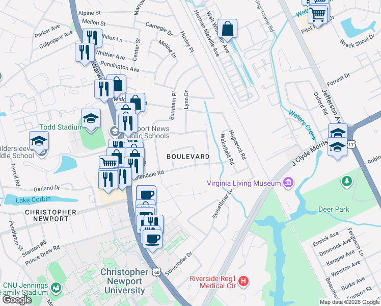 map of restaurants, bars, coffee shops, grocery stores, and more near 34 Carolyn Drive in Newport News