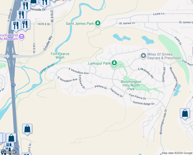 map of restaurants, bars, coffee shops, grocery stores, and more near 630 Vermillion Avenue in St. George