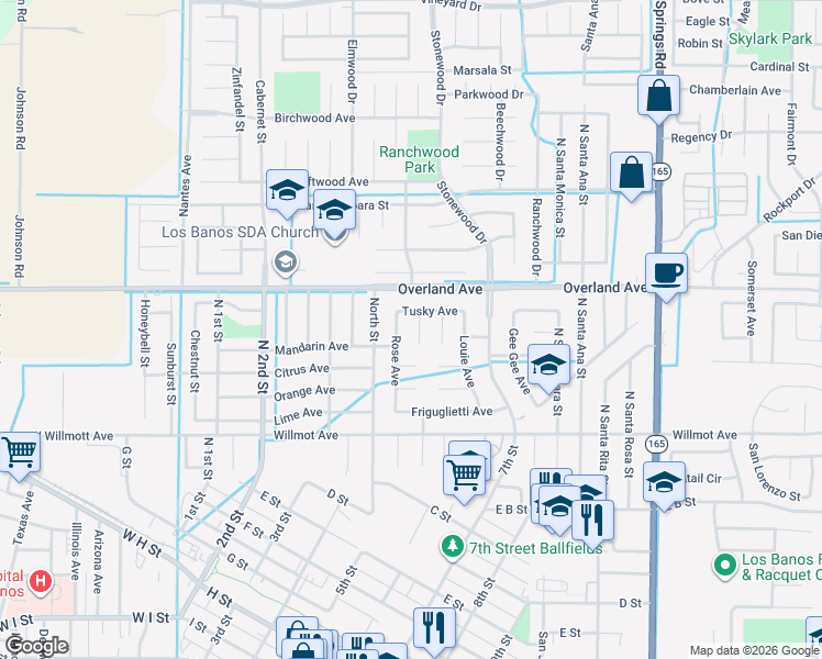 map of restaurants, bars, coffee shops, grocery stores, and more near 317 Rosalie Court in Los Banos