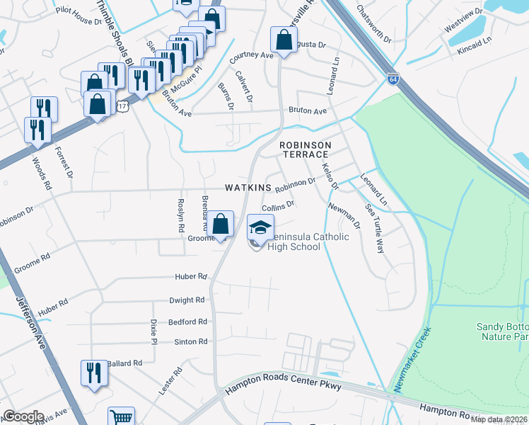 map of restaurants, bars, coffee shops, grocery stores, and more near 640 Daniel Drive in Newport News
