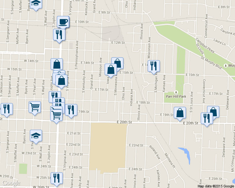 map of restaurants, bars, coffee shops, grocery stores, and more near 1709 South Minnesota Avenue in Joplin