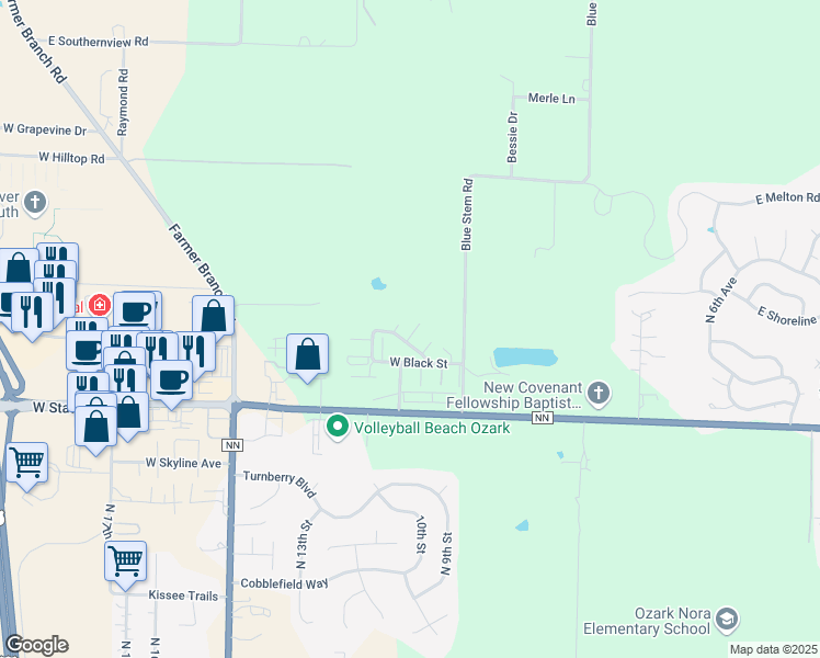 map of restaurants, bars, coffee shops, grocery stores, and more near 5753 North Orange Lane in Ozark