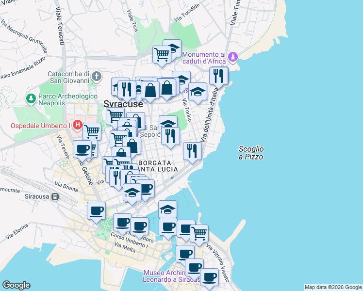 map of restaurants, bars, coffee shops, grocery stores, and more near Via Sollecito Fratelli in Syracuse