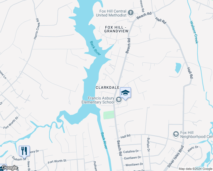 map of restaurants, bars, coffee shops, grocery stores, and more near 4 Clark Road in Hampton