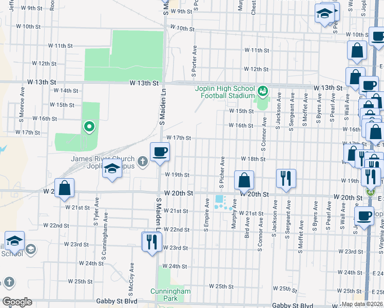 map of restaurants, bars, coffee shops, grocery stores, and more near 1731 Annie Baxter Ave in Joplin